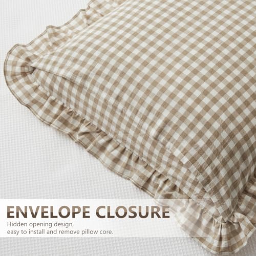 KKJIAF Ruffle Gingham Pillow Covers 24 x 24 Inches, Cotton Gingham Pillow Cases Set of 2, Linen Feel Ruffled Plaid Pillow Shams with Envelope Closure for Sofa Bed (Taupe/White Plaid) - color: Taupe/White Plaid, size: 24" x 24" (Pack of 2)