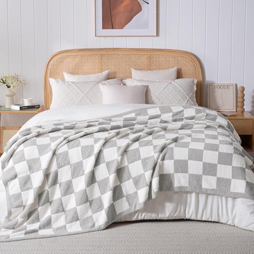 Exclusivo Mezcla Checkered Twin Size Knit Blanket for Bed, Ultra Soft and Warm Reversible Woven Blankets, Cozy Snuggly Throw for Couch Bed and Home Decor, Light Grey, 60"x80" - color: Light Grey, size: Twin (60"x80")