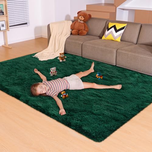 5x7 Dark Green Rugs for Living Room Bedroom, Fluffy Large Area Rug Soft Shag Non-Slip Carpet for Kids Boys and Girls Room Dorm Home Decor (5ft x 7ft) - color: Dark Green, size: 5' x 7' (Rectangular)