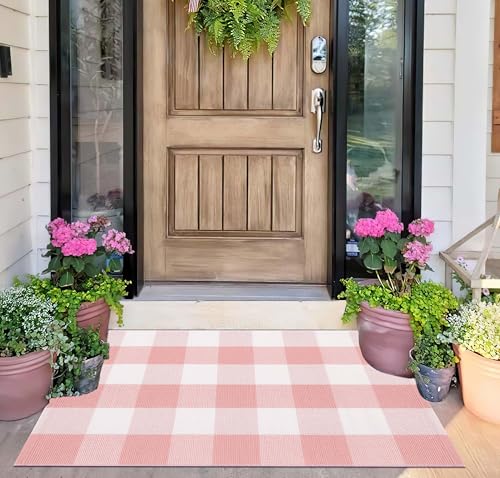 Pink and White Outdoor Rug 24''x35'' Buffalo Plaid Porch Mat Cotton Woven Machine Washable Carpet for Layered Doormat Hello/Welcome Door Mat,Kitchen,Farmhouse,Entryway - color: Pink White, size: 24''x 35''