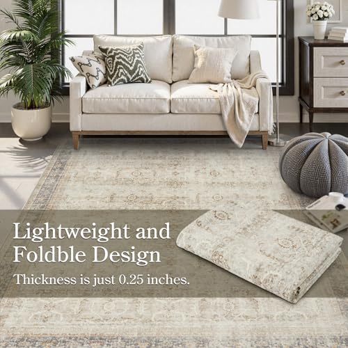 Collive Area Rug for Living Room 5x7, Machine Washable Neutral Boho Rugs for Bedroom, Soft Non-Slip Low Pile Indoor Floor Accent Carpet for Office Entryway Nursery Dining Room - Tan - color: Tan, size: 5' x 7' (Rectangular)