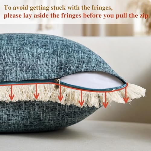 Couch Pillow Covers Faux Linen Decorative 16x16 Blue Boho Farmhouse Throw Pillowcases with Tassels Fringed Rustic Woven Textured Burlap Cushion Covers for Couch Sofa Bed Living Home Decor Set of 2 - color: Blue, size: 16" x 16" (Pack of 2)