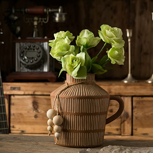 Mowtanco Rustic Farmhouse Vase with Handle and Boho Wooden Beads - Terracotta Vase with Vertical Stripes for Vintage Home Decor - color: Yellow - Wooden Beads