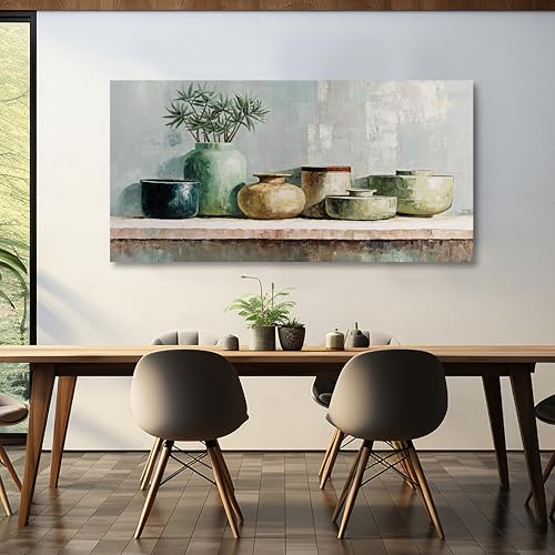 AERART Blue-Green Geometric Abstract Vase & Plant Wall Art - 20"x40" Framed Canvas Painting Artwork for Boho/Living Room/Bedroom Neutral Home Wall Decor - color: Cyan, size: 40"L x 20"W