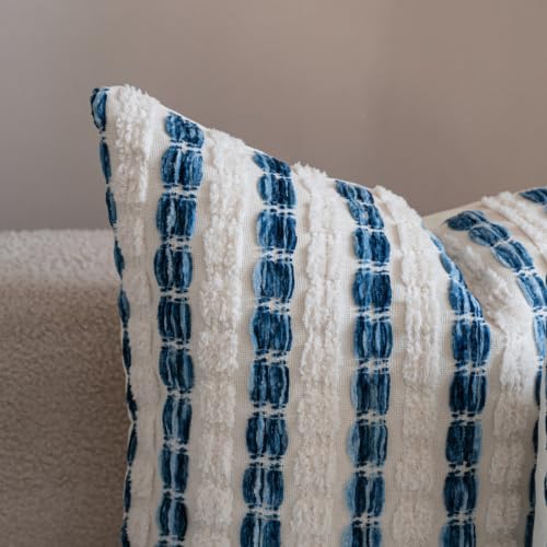 Caflife Boho Throw Pillow Covers 22x22 Inch Set of 2, Farmhouse Blue Striped Textured Chenille Decorative Couch Pillow Cases, Rustic Accent Cushion Covers for Sofa Bed Living Room Bedroom - color: Blue, size: 22" x 22" (Pack of 2)