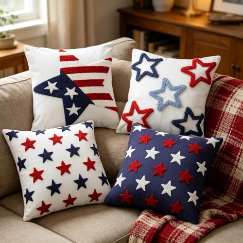 4 Pcs 4th of July American Flag Decorative Throw Pillow covers,18x18 Inch Tufted Embroidery Patriotic Star Cushion Cover Set, Independence Day Memorial Day Plush Decor Bedroom Outdoor Home Sofa Couch - size: 18" x 18" (Pack of 4)