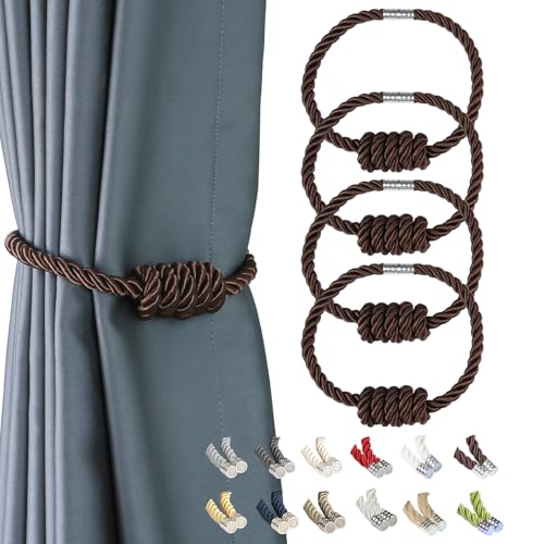 BEL AVENIR Magnetic Curtain Tiebacks, Decorative Drapery Holdbacks Modern Woven Tie-Backs with Exquisite Knot (Coffee, 4 Pack) - color: Coffee, size: 4 Pack