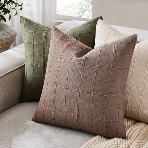 ZeeMart Linen Checked Throw Pillow Covers Set of 2, 16x16 Inch Allover Grid Cocoa Brown, Farmhouse Decorative Double Sided Grid Embroidered Couch Pillow Cases Brown Cotton Linen Cushion Covers - color: Allover Grid Cocoa Brown, size: 16" x 16" (Pack of 2)
