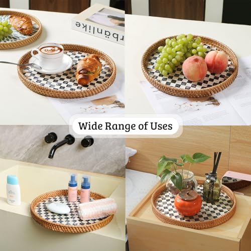 Round Rattan Tray with Mother of Pearl Inlay, Decorative Wicker Serving Tray with Wooden Base, Woven Basket Trays for Bread Fruits Coffee, Checkered - color: Checkered