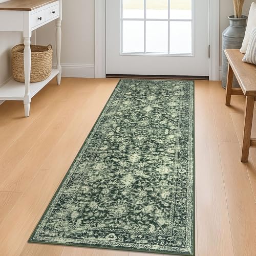 KILOCOCO Hallway Runner 2x5 Kitchen Runner Rug Printed Vintage Floral Washable Non-Slip Runners for Hallways Laundry Room Rugs Distressed Boho Rug Runners for Bedroom, Green - color: Dark Green/White, size: 2' x 5' (Runner)
