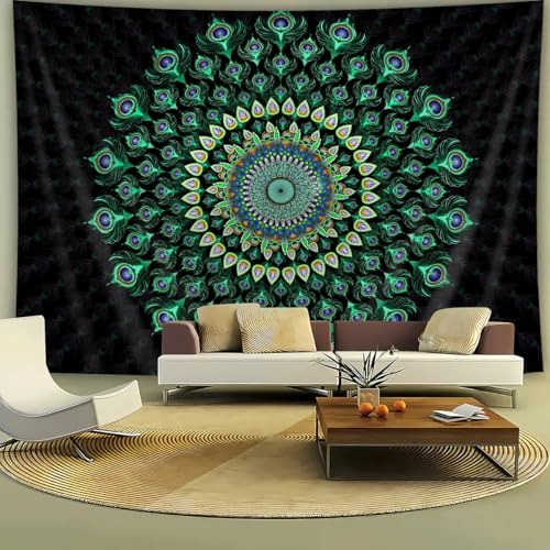 FENDROM Bohemian Mandala Tapestry Hippie Tapestries Psychedelic Green Peacock Boho Wall Hanging for Bedroom Living Room Tablecloth - color: Y10, size: 59"L x 39"W