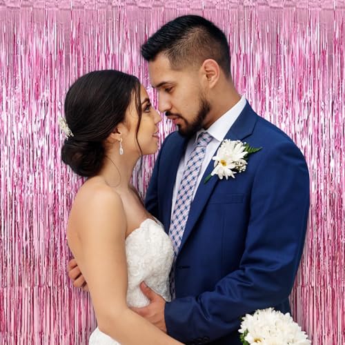 30 Pack Pink Foil Fringe Curtain Backdrop, 3.3x8.2 Feet Metallic Tinsel Streamer Curtains Photo Booth Props for Wedding/Birthday/Baby Shower/Valentine's Day/Princess Themed Party Decorations - color: Pink