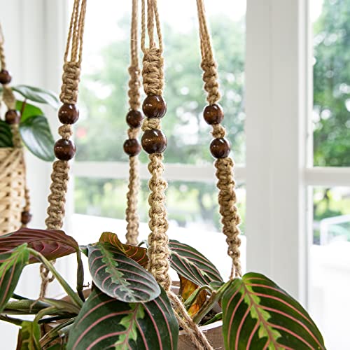 Mkono 3 Pack Macrame Plant Hangers Indoor Different Size Hanging Planter Basket Flower Pot Holder with Beads No Tassels 35"/29"/23", Medium, Brown - color: Brown, size: Medium