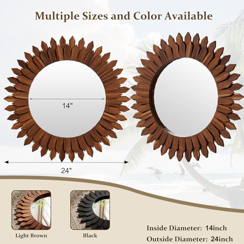 Boho Wood Sunburst Round Wall Mirror, 24 Inch Rustic Circle Wooden Frame Decorative Mirror for Farmhouse Coastal Home, Home Wall Decor for Living Room Entryway Bedroom, Walnut - color: Walnut, size: 24"L x 24"W