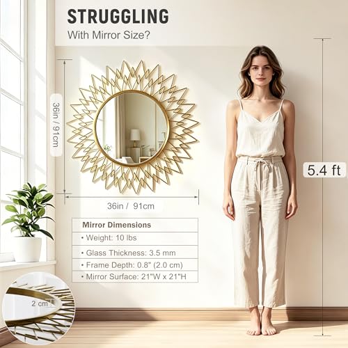Gold Sunburst Round Wall Mirror 36", Decorative Circle Metal Frame Mirror, Large Decorative Circular Mirror for Living Room Wall Decor - color: Sunburst - 36"l X 36"w