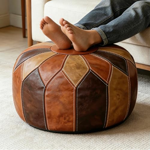 Thgonwid Round Unstuffed Pouf Cover, Faux Leather Storage Ottoman, Boho Moroccan Foot Stool, Multi-Purpose Home Decor for Living Room, Bedroom and Balcony, Retro Moroccan Color, No Filling Included - color: Moroccan（no Stuffing）