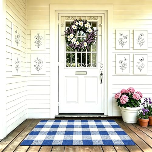 MUBIN Cotton Blue White Plaid Rug, 27.5''x 43'' Checked Outdoor Rug Front Door Decorative Mat, Hand-Woven Washable Reversible Foldable Rug for Front Porch, Entryway (43''L x 27.5''W, Blue White Plaid) - color: Blue White Plaid, size: 2'3" x 3'7" (Rectangu