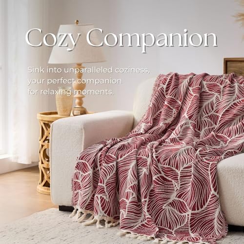 DOWN HOME Chenille Cotton Throw Blanket for Couch, Lightweight Boho Blanket for Bed Sofa Chair Living Room Outdoor Soft Woven Decorative Blanket with Tassel Gift Red Leaves 55"x60" - color: Red, size: 55"x60"