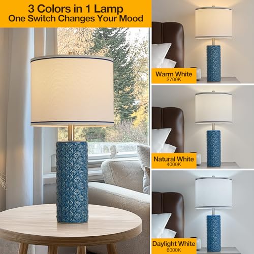 27" Farmhouse Bedside Table Lamp Set of 2, Bule Modern Ceramic Lamps for Living Room, 3 Color Temperature Rustic Table Lamps for Bedroom, Night Stands, Dorm,Office, Home Décor (Bulb Included) - color: Bule, size: 27"