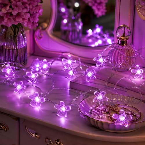 Battery/USB Operated 9.8ft 30LED Purple Cherry Blossom Flower String Lights | Cute Fairy Lights For Bedroom, Valentine'S Day, Christmas, Easter, Wedding, Party, Birthday Indoor Outdoor Romantic Decor - color: 10ft Purple Flower Lights