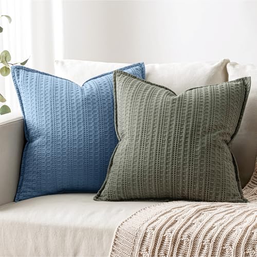 Set of 2 Decorative 100% Cotton Waffle Throw Pillow Covers 20x20, Neutral Coastal Euro Shams Weave European Cushion Cases for Couch Sofa Bed Modern Farmhouse Home Decor, Blue - color: Blue, size: 20" x 20" (Pack of 2)