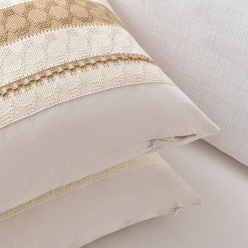 Fancy Homi Set of 1 Tan Neutral Decorative Throw Pillow Cover 16x16 Inch for Couch Bed Sofa, Aesthetic Modern Organic Farmhouse Boho Home Decor, Soft Cotton Cute Accent Macrame Woven Cushion Case - color: Tan, size: 16" x 16" (Pack of 1)