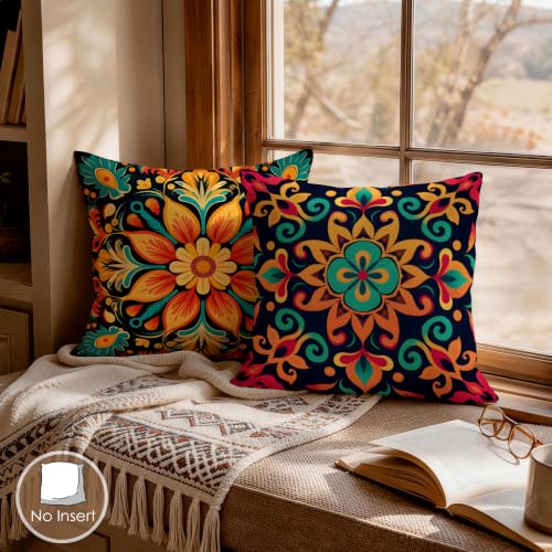 OBSEDE Boho Mandala Throw Pillow Covers 18x18 Set of 4, Farmhouse Decor for Home Couch Sofa Living Room, Rustic Floral Decorative Cushion Cases - color: Boho Mandala
