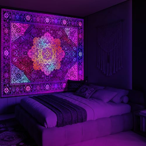 Tichgeim Blacklight Mandala Tapestry for Bedroom Aesthetic, Black Light Hippie Boho Floral Art Poster Tapestries, UV Indian Medallion Bohemian Wall Hanging Decor for Living Room Dorm 60" L x 51" W - color: Blacklight Mandala Tapestry, size: 60"L x 51"W