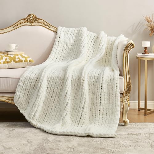Amélie Home Chunky Knit Throw Blanket for Couch, Soft Chenille Handmade Crochet Throw Rope Knot Blanket for Couch, 50"x60", Ivory - color: Ivory, size: 50"x60"