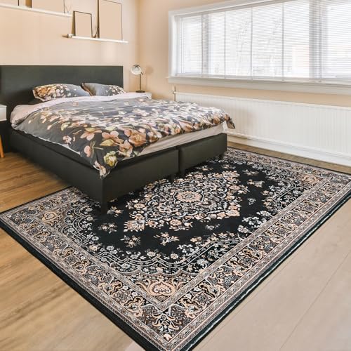 HOMORE Black Rug 4x6 Area Rugs for Bedroom, Washable Non Slip Rug for Living Room Vintage Floral Rugs for Kids Room, Indoor Carpet for Kitchen Farmhouse Home Office - color: Black, size: 4' x 6' (Rectangular)
