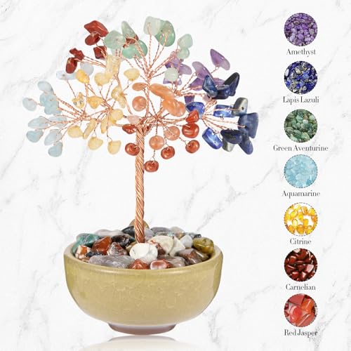 7 Chakra Crystal Tree with Ceramic Base,Natural Gemstone Feng Shui Money Tree for Wealth,Good Luck & Positive Energy,Handmade 5 Inch Healing Abundance Bonsai for Home Office Decor - color: 7 Chakras Vase Tree-2