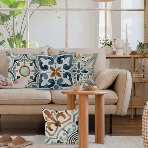 Boho Pillow Covers - 18x18, Watercolor Boho Vintage Retro Floral Mandala Linen Throw Pillow Covers Set of 4, Decorative for Living Room, Bed, Outdoor