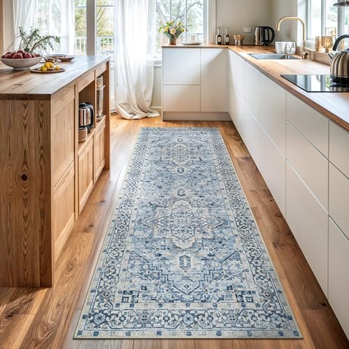 Bloom Rugs Caria Washable Non-Slip 7 ft Runner - Blue Traditional Runner for Entryway, Hallway, Bathroom, and Kitchen - Exact Size: 2'6" x 7' - color: Blue, size: 2'6" x 7' (Runner)