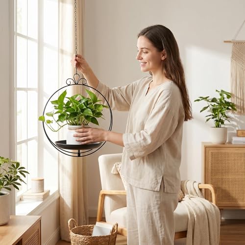 Hanging Planters for Indoor Plants, 2 Pack Metal Wall Ceiling Window Plant Hangers Kit with Trays and Chains for Succulents Pothos Herbs Balcony Patio Living Room - style: hanging planter tray