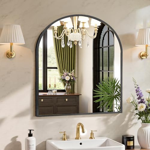 Sweetcrispy 31"x32" Arched Black Bathroom Mirrors for Wall, Bathroom Mirrors for Over Sink, Metal Framed with HD Shatter-Proof Glass for Entryway, Living Room, Bedroom - color: Black, size: 31"L x 32"W