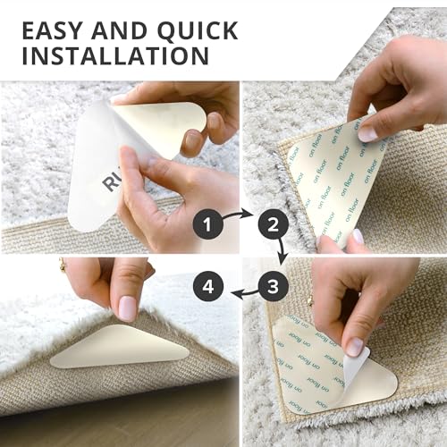 X-Protector Rug Tape - 8 Pcs Set - White Anti-Slip & Anti-Curling Carpet Tape for Hard Floors - Premium Rug Pad Gripper - Ideal Carpet Corner Grippers to Keep Your Carpet in Place & Make Corners Flat - size: 8 PCS, Triangle (For Hard Floors)