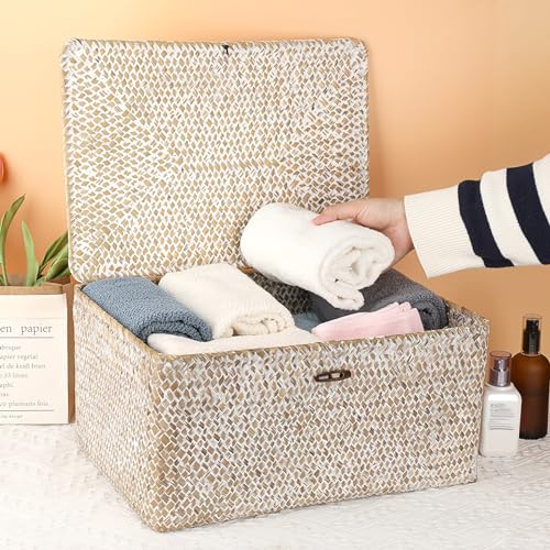 Hipiwe Wicker Woven Baskets Bin with Lid Natural Seagrass Basket Storage Bin Rectangular Household Basket for Shelf Wardrobe Home Decor, Whitewash, X-Large - color: Whitewash, size: X-Large