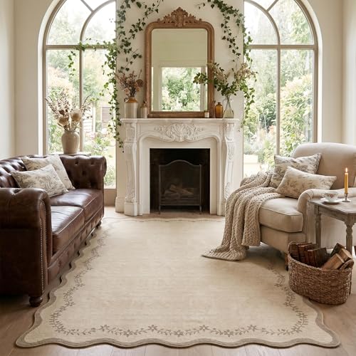 GarveeHome 5x7 Scalloped Area Rug Tan Jute Washable Rugs for Living Room Bedroom, Soft Low Pile Non Slip Neutral Floor Mat Solid Floral Print Throw Rug Farmhouse Indoor Carpet for Dorm Playroom - color: Jute, size: 5' x 7' (Rectangular)