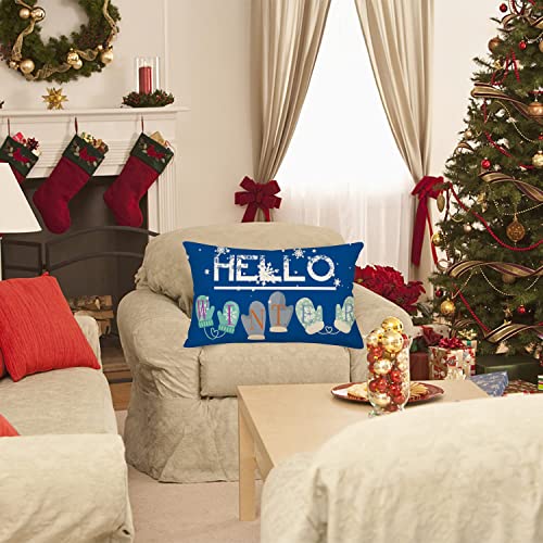 Hello Winter Throw Lumbar Pillow Cover 12x20 Blue White Snowflake Christmas Decorations Farmhouse Decorative Cushion Case Decor Gloves Winter Holiday for Home Sofa Couch - color: Blue Hello Winter Snowflake