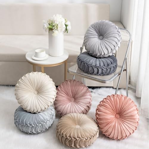 MOCOFO Round Velvet Throw Pillow, Pumpkin Shape Decorative Floor Cushion, Handcrafted Pleated Design, 14 and 16 Inch Diameter, Multiple Colors, Polyester Fill (Dark-Gray, 16") - color: Dark-gray, size: 16"