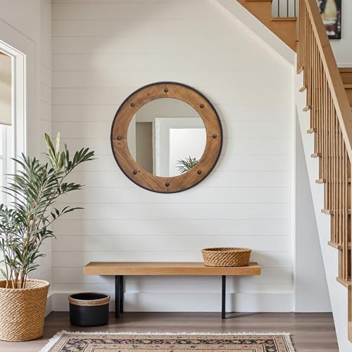 Rustic Round Wall Mirror 24 Inch, Natural Wood Frame with Black Metal Trim, Industrial Farmhouse Style Wall Mirror with Decorative Nailhead Accents for Bathroom, Living Room, or Entryway