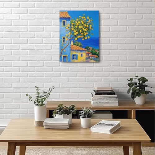 Italy City Wall Art, Coastal Landscape Watercolor Painting Italy Lemon Canvas Framed Prints Modern Decorations Summer Aesthetic Poster for Living Room Entryway Farmhouse Dining Room 11.5x15 Inch - color: Multi 1383