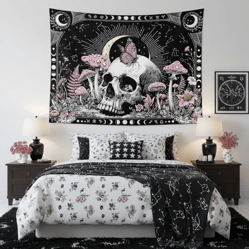 Accnicc Gothic Skull Tapestry Goth Skeleton Butterfly Mushroom Tapestries Wall Hanging Witchy Plant Floral Celestial Constellation Large Tapestry for Bedroom Living Room Dorm 80 x 60 inch - color: Pink White, size: 80"L x 60"W