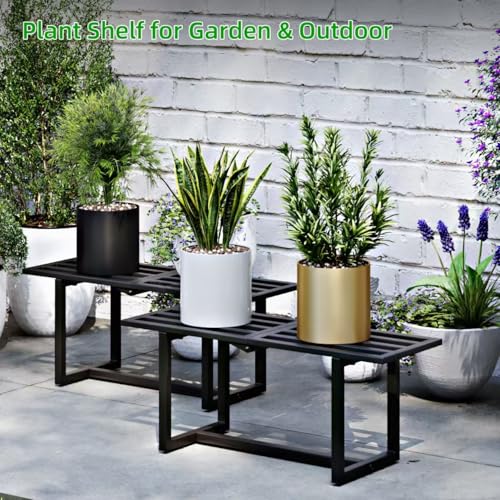 Plant Stand Indoor Outdoor, Foldable Metal Plant Shelf for Multiple Pots, Mid Century Slatted Bench for Patio Garden, Heavy Duty Capacity 330 lbs 2 Pack Black