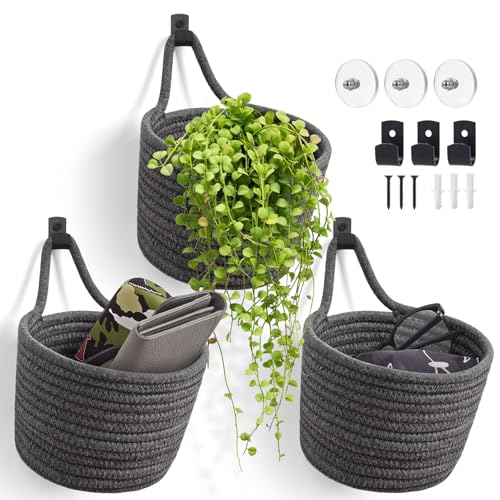 Fabric Wall Hanging Baskets - 3Pack Woven Pouchs Boho Style Wall Mounted Bag with Adhesive Hooks, Storage Organizers and Decoration Pocket Caddy Bins on Door Rack (Dark Gray & Black, Large) - color: Dark Gray & Black