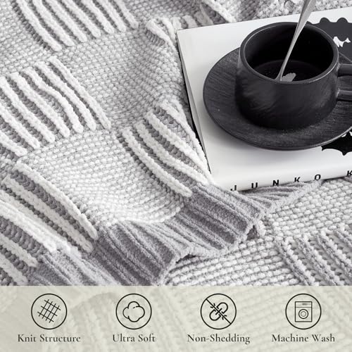 Amélie Home Knit Throw Blanket, Soft Chenille Cozy Breathable Dual Tone Checkered Chunky Decorative Blanket for Couch, Bed & Sofa, French-Inspired Lightweight Warm Gift for Women, Gray, 50"x60" - color: Checkered Gray&ivory, size: Dual Tone Checkered Knit