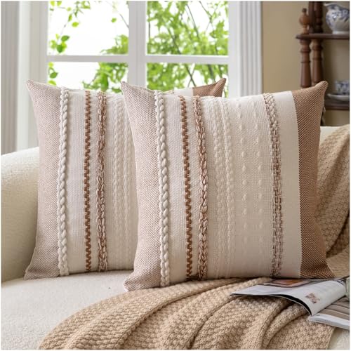 Cethom Boho Throw Pillow Covers 18x18 Inch Set of 2, Brown Textured Decorative Couch Pillow Cases for Farmhouse Home Decor, Accent Cushion Cover for Sofa, Bed, Living Room, Bedroom - color: Brown, size: 18" x 18" (Pack of 2)