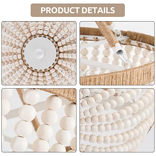 Wood Beaded Mini Chandelier Farmhouse Bohemia Semi Flush Mount Ceiling Light Rustic 3-Light Ceiling Lighting Fixtures for Bedroom Dining Nursery Room Girl Room Hallway, White, Dia 15 Inch