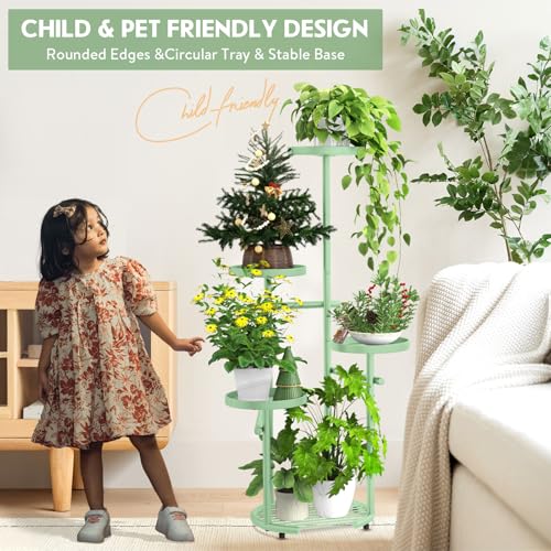 TOSKING 5 Tier Metal Plant Stand Indoor，Anti-Tip Round Base for Pots, Child & Pet Friendly,Plant Shelf, Corner Shelf Flower Pot Stand for Outdoor Plant Stand for Living Room Balcony Garden Patio Bedroom (Sage Green, 42in) - color: Sage Green, size: 5tier