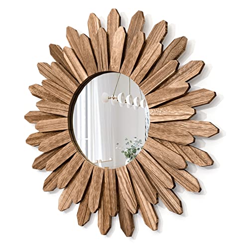 Honiway Mirror Wall Decor 21 inch Rustic Wood Boho Aesthetic Mirror for Room & Home Decor Farmhouse Wall Decor at Living Room Bedroom Carbonized Black - color: Carbonized Black, size: 21 inch (1 pack)